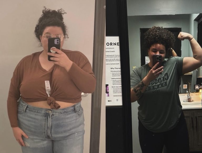 Before-and-after photo of Taylor Heim when she weight 355 pounds and after losing 110 pounds